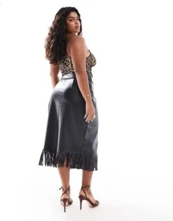 Never Fully Dressed Plus PU Fringe Midaxi Skirt In Black For Women -Never Fully Dressed Sales 207062856 4