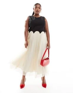 Never Fully Dressed Plus Drop Hem Midaxi Dress In Black And Cream For Women Black/cream