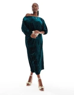 Never Fully Dressed Plus Tilly Off Shoulder Velvet Midaxi Dress In Emerald For Women