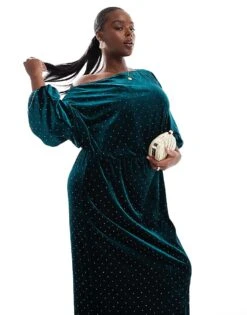 Never Fully Dressed Plus Tilly Off Shoulder Velvet Midaxi Dress In Emerald For Women -Never Fully Dressed Sales 207062915 4