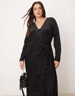 Never Fully Dressed Plus Burnout Velvet Wrap Midaxi Dress In Black For Women -Never Fully Dressed Sales 207062916 4