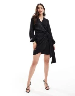 Never Fully Dressed Vienna Satin Wrap Mini Dress In Black For Women -Never Fully Dressed Sales 207129317 1 black 1