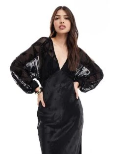 Never Fully Dressed Sheer Sleeve Contrast Satin Maxi Dress In Black For Women