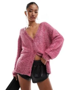 Never Fully Dressed Metallic Knit Cardigan In Pink For Women