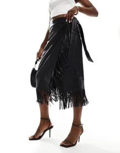 Never Fully Dressed PU Fringe Midaxi Skirt In Black For Women -Never Fully Dressed Sales 207138986 1 black 1