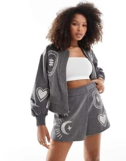 Never Fully Dressed Embroidered Bomber Jacket And Skort Co-ord In Grey