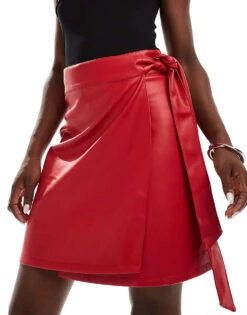 Never Fully Dressed PU Wrap Mini Skirt In Red For Women