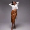 Never Fully Dressed PU Wrap Midi Skirt In Camel For Women
