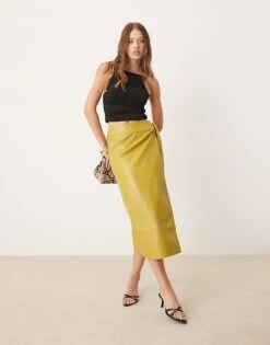 Never Fully Dressed PU Wrap Midi Skirt In Olive For Women