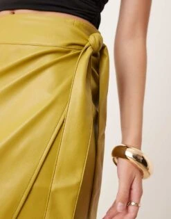 Never Fully Dressed PU Wrap Midi Skirt In Olive For Women -Never Fully Dressed Sales 207247612 3