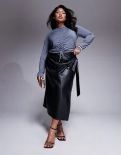 Never Fully Dressed Plus PU Wrap Midi Skirt In Black For Women -Never Fully Dressed Sales 207248331 1 black 1
