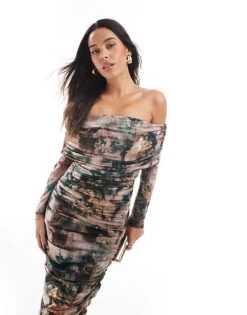 Never Fully Dressed Off Shoulder Mesh Midaxi Dress In Cherub Print For Women