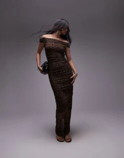 Never Fully Dressed Off Shoulder Ruched Mesh Midaxi Dress In Leopard Print For Women