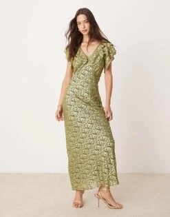 Never Fully Dressed Tilda Metallic Ruffle Maxi Dress In Olive Jacquard For Women -Never Fully Dressed Sales 207300701 1 olive 1