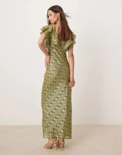 Never Fully Dressed Tilda Metallic Ruffle Maxi Dress In Olive Jacquard For Women -Never Fully Dressed Sales 207300701 3