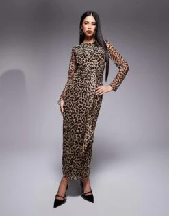 Never Fully Dressed Tie Front Mesh Midaxi Dress In Leopard For Women