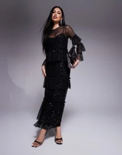 Never Fully Dressed Star Print Mesh Midaxi Dress In Black For Women