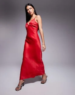 Never Fully Dressed Embellished Hotfix Satin Maxi Dress In Red For Women
