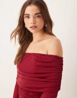 Never Fully Dressed Ruched Mesh Bardot Top In Burgundy For Women -Never Fully Dressed Sales 207417843 1 burgundy 1