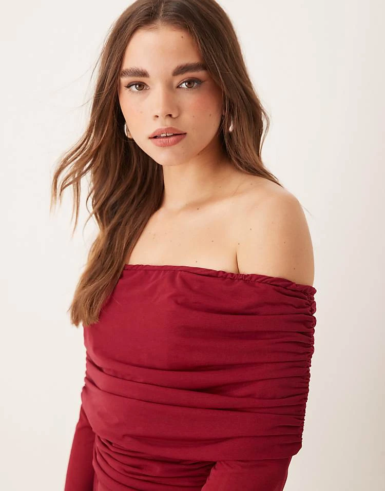 Never Fully Dressed Ruched Mesh Bardot Top In Burgundy For Women