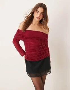 Never Fully Dressed Ruched Mesh Bardot Top In Burgundy For Women -Never Fully Dressed Sales 207417843 4