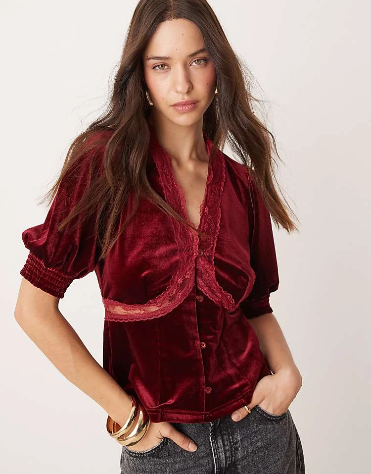 Never Fully Dressed Lace Velvet Puff Sleeve Top In Burgundy For Women Oxblood