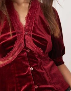 Never Fully Dressed Lace Velvet Puff Sleeve Top In Burgundy For Women Oxblood -Never Fully Dressed Sales 207417913 3