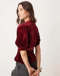 Never Fully Dressed Lace Velvet Puff Sleeve Top In Burgundy For Women Oxblood -Never Fully Dressed Sales 207417913 4