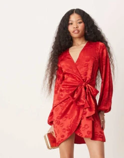 Never Fully Dressed Petite Lip Embossed Satin Wrap Mini Dress In Red For Women