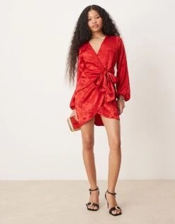 Never Fully Dressed Petite Lip Embossed Satin Wrap Mini Dress In Red For Women -Never Fully Dressed Sales 207418155 3