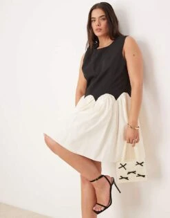 Never Fully Dressed Plus Contrast Drop Hem Mini Dress In Monochrome For Women