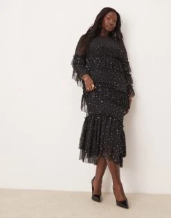Never Fully Dressed Plus Star Print Mesh Midaxi Dress In Black For Women -Never Fully Dressed Sales 207419207 3