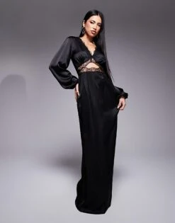 Never Fully Dressed Mimi Long Sleeve Lace Cut-out Slip Maxi Dress In Black For Women