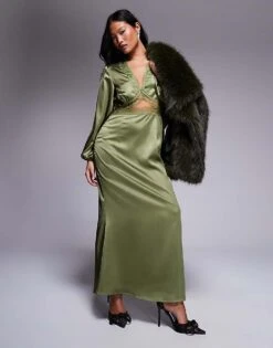 Never Fully Dressed Petite Mimi Long Sleeve Lace Cut-out Slip Maxi Dress In Olive For Women -Never Fully Dressed Sales 207554913 1 olive 1