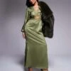 Never Fully Dressed Petite Mimi Long Sleeve Lace Cut-out Slip Maxi Dress In Olive For Women