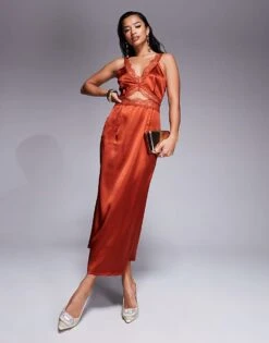 Never Fully Dressed Petite Mimi Lace Cut-out Slip Midaxi Dress In Rust For Women