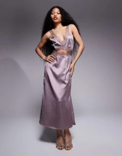 Never Fully Dressed Petite Lace Cut-out Slip Maxi Dress In Mink For Women