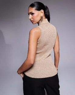 Never Fully Dressed High Neck Rib Knit Top In Gold For Women -Never Fully Dressed Sales 207557832 4