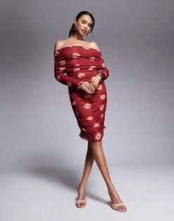 Never Fully Dressed Bardot Ruched Heart Print Mesh Mini Dress In Burgundy For Women Burgundy Heart Print -Never Fully Dressed Sales 207743011 1 burgundyheartprint 1