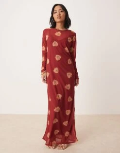 Never Fully Dressed Petite Long Sleeve Heart Print Mesh Maxi Dress In Burgundy For Women Burgundy Heart Print -Never Fully Dressed Sales 207749713 1 burgundyheartprint 1