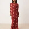 Never Fully Dressed Petite Long Sleeve Heart Print Mesh Maxi Dress In Burgundy For Women Burgundy Heart Print