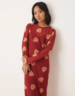 Never Fully Dressed Petite Long Sleeve Heart Print Mesh Maxi Dress In Burgundy For Women Burgundy Heart Print -Never Fully Dressed Sales 207749713 4