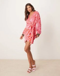 Never Fully Dressed Contrast Cuff Animal Print Mini Dress In Red And Pink For Women Pink/red