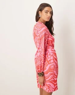 Never Fully Dressed Contrast Cuff Animal Print Mini Dress In Red And Pink For Women Pink/red -Never Fully Dressed Sales 207968424 4