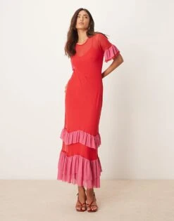 Never Fully Dressed Mesh Ruffle Maxi Dress In Red And Pink For Women Red/pink