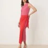 Never Fully Dressed One Shoulder Contrast Midaxi Dress In Red And Pink For Women Pink/red