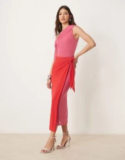 Never Fully Dressed One Shoulder Contrast Midaxi Dress In Red And Pink For Women Pink/red