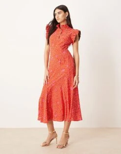 Never Fully Dressed Contrast Sleeve Midaxi Dress In Red And Pink For Women Red/pink