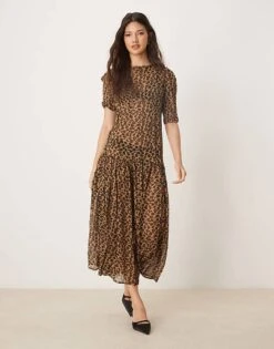 Never Fully Dressed Puff Sleeve Sheer Drop Hem Maxi Dress In Leopard For Women