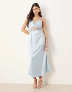 Never Fully Dressed Mimi Lace Cut-out Slip Midaxi Dress In Light Blue For Women